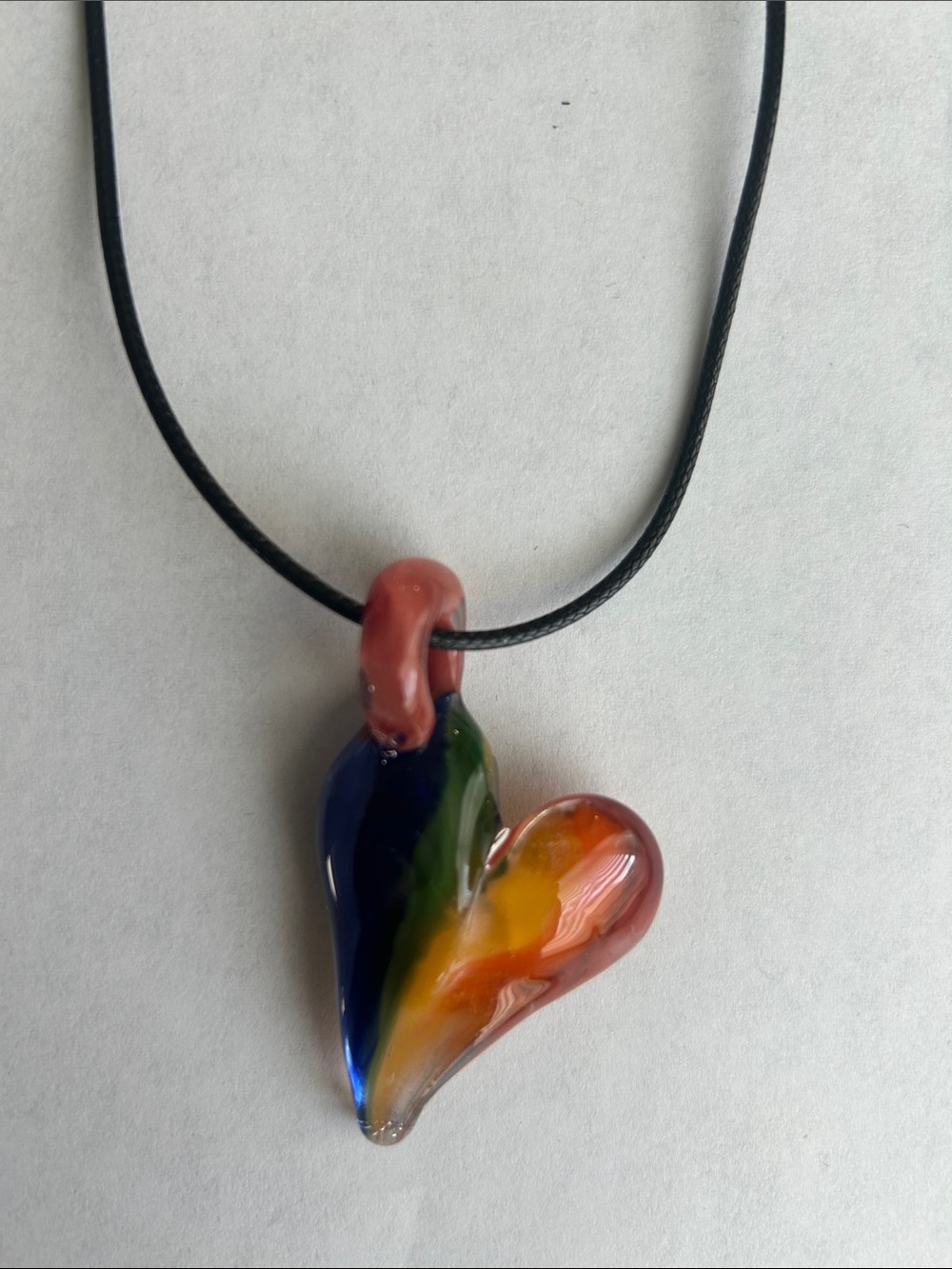 Handmade Multicolor Glass Heart Pendant Necklace - Black Cord